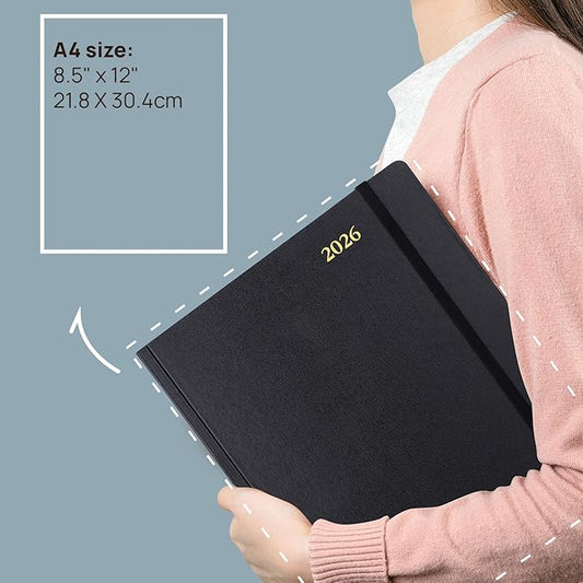 POPRUN 2026 Daily Planner One Page Per Day Even Weekends A4 Large Size (8.5" x 12") - 12 Months Calendar Hourly Appointment Book with Inner Pocket, Pen Holder, Hardcover - Black