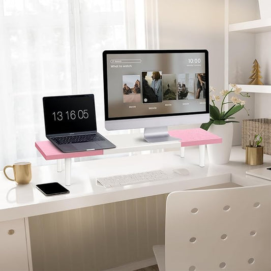 Dual-Monitor-Stand-Riser-For-Desk Adjustable Length 32-40 Inch,Large Desktop Computer Monitor Riser For 2 Screens,Desk Shelf Organizer Riser Stand For Computer/Laptop/PC/Printer/TV