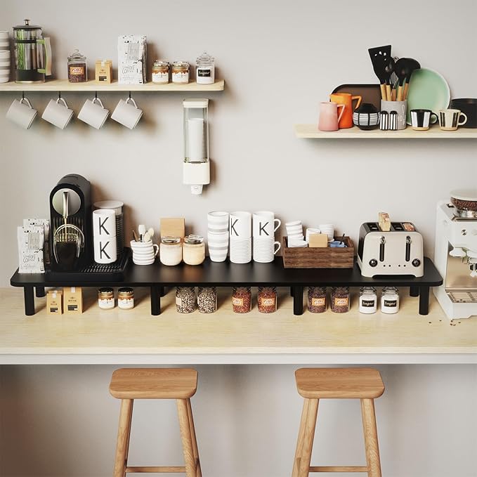 43.7" Extra Long Dual Monitor Stand Riser, Wood & Steel Monitor Stand for 2 Monitors, Wide TV Stand, Desktop Riser for Desk Organization, Home Office,Laptop,Printer,TV (Black)