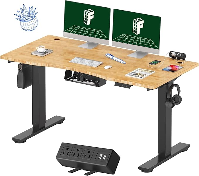 FLEXISPOT EN2 Whole-Piece Bamboo Standing Desk with Clamp Power Strip, 55 x 28 Electric Stand Up Height Adjustable Desk with Cable Management (Black Frame + 55" Bamboo Top, 2 Packages)