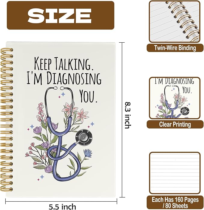 CUANFDDSF Therapist Gifts Notebook, Therapy Journal Notebooks for Women, SLP Speech Therapy Gifts,Writing Pads,Keep Talking I'm Diagnosing You Stethoscope Floral Hardcover Spiral Notebook 5.5x8.3 Inch