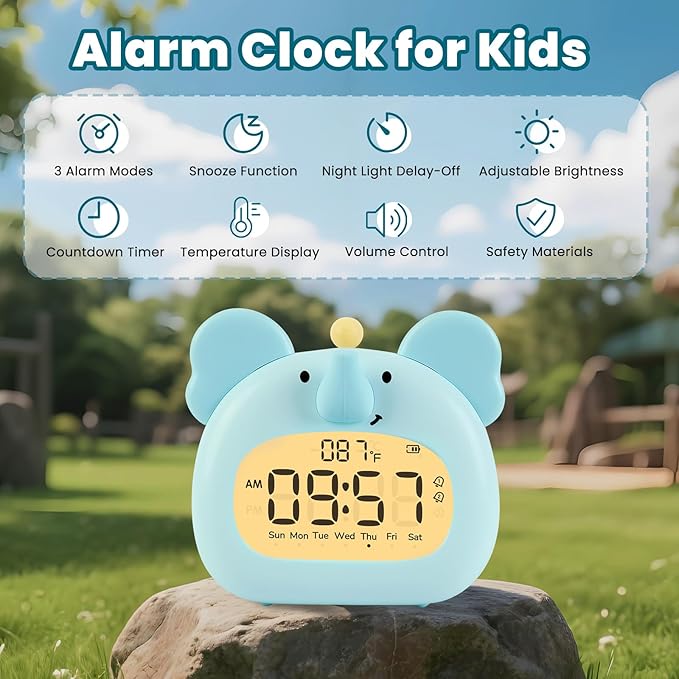 Elephant Alarm Clock with Night Light for Kids – Cute Digital Sleep Trainer with LED Display, 3 Alarms, Countdown Timer, Adjustable Brightness – Rechargeable Bedside Clock for Boys and Girls
