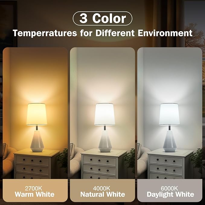 Small Bedside Table Lamp for Bedroom - Reading Desk Lamp with 3 Color Temperatures,15.5" Nightstand Ceramic Lamp with Fabric Shade for Kids Room,Living Room,Dorm,Home Office (White)