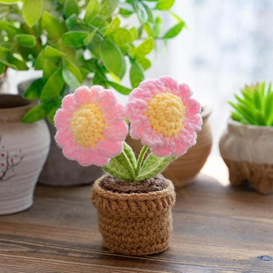 Handmade Crochet Flowers, Small Potted Plants, Knitted Desk Decorations for Home Office Decor (Two Sunflowers)