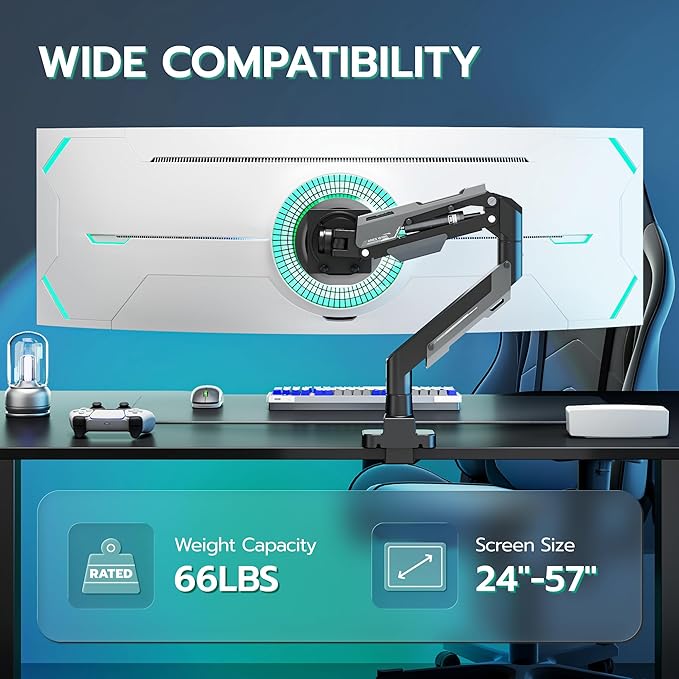 ARES WING Heavy Duty Single Monitor Arm - Gas Spring Aluminum Monitor Mount for 24"-57" Ultrawide Screens up to 66 lbs with Clamp/Grommet Desk Mount, 75/100/200 Vesa Mount, Black