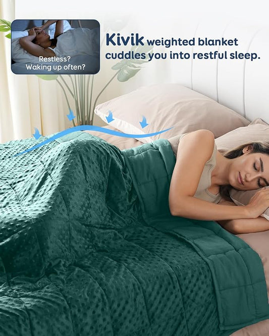 Kivik Cooling Weighted Blanket for Adults, 15 lbs Breathable Minky Dot Heavy Throw Blankets, Ultra Soft Weighted Comforter, Machine Washable, 60"x80" Queen, Dark Green