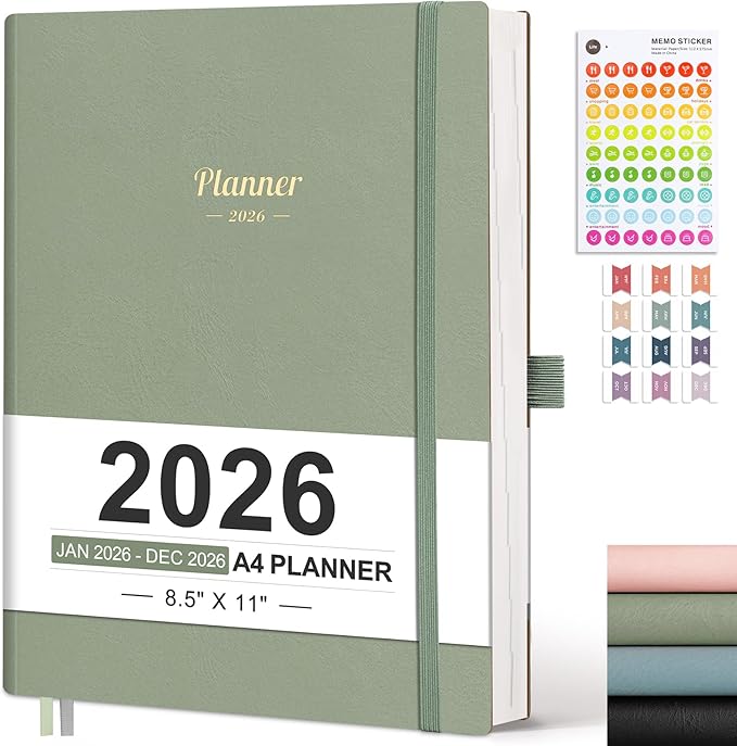 AHGXG 2026 Planner, Weekly and Monthly Planner 2026-2027, Large A4 8.5"x11", Calendar 15-Months Jan 2026 - Mar 2027, Vegan Leather SoftCover, Inner Pocket, Sage Green