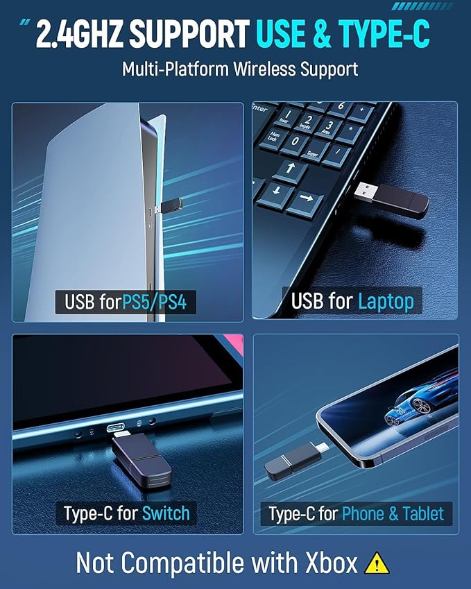 Wireless Gaming Headset for PC, Ps5, Ps4, 2.4 Ghz USB & Type-C Gaming Headphones with Microphone, 30H Battery Bluetooth Headphones for Switch, Laptop, Mobile, Mac (Blue White)