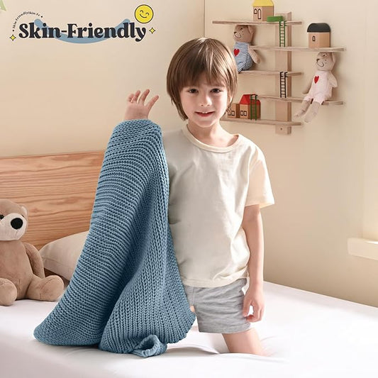Guohaoi Knitted Weighted Lap Pad (Haze Blue 20"x30" 2lbs) No Beads Cooling Weighted Blanket Kids for Nap, Breathable Chunky Knit Blanket, Small Throw Blanket for Travel Indoor Outdoor