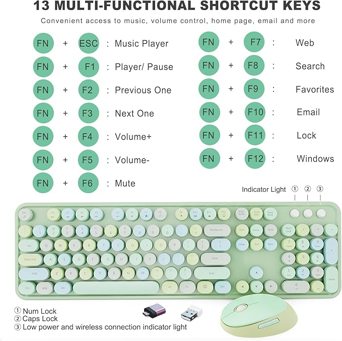 Wireless Keyboard and Mouse Combo, Ergonomic Full Size Typewriter Retro Round Keycaps Keyboard, Compatible with Windows, PC, Perfer for Home and Office Keyboards (Green