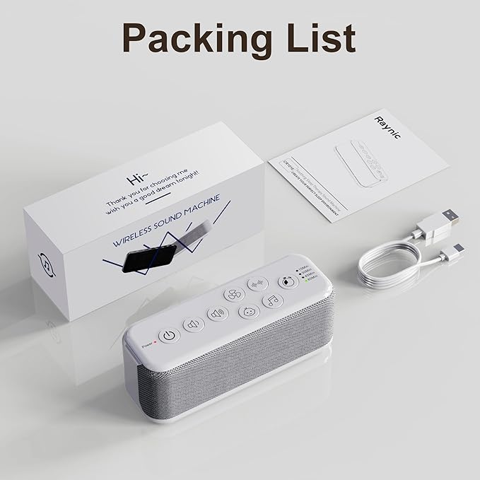 Raynic White Noise Machine, 42 Soothing Sounds Noise Machine, Rechargeable Battery Sound Machine with 8 Volumes, 5 Timers, Type-C Port, Headphone Jack for Baby, Adult, Home, Travel, Office