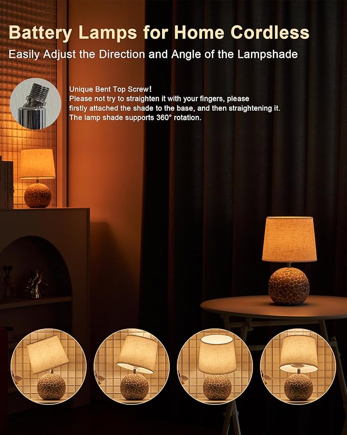 UMEXUS Ceramic Cordless Table Lamp with Timer & Remote - 11.42" Small Rechargeable Battery Operated Lamp with Linen Shade & RGB Dimmable Light for Restaurant Dining Living Bedroom Kitchen Patio Side