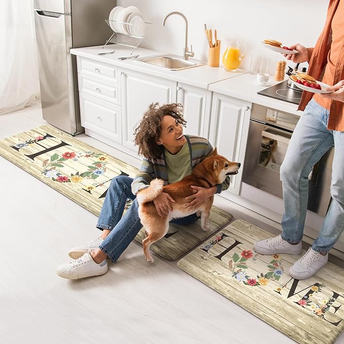 KIMODE Kitchen Floor Mats Cushioned Anti Fatigue,Farmhouse Floral Rugs Sets of 2,Memory Foam Carpet Non Slip,Long Sink Runner for Bathroom Laundry Office,Beige 17"x59"+17"x29"