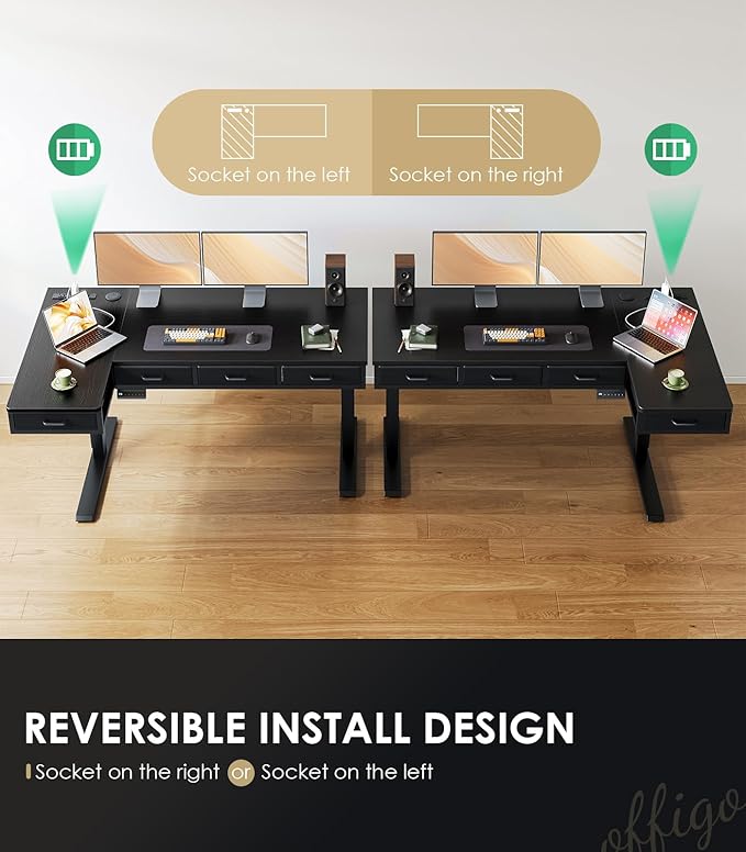 OffiGo 55 Inch L Shaped Electric Standing Desk with Drawers, Height Adjustable Large Desk with Power Outlets, Sit Stand Table, Writing Computer Desk for Home, Office, Workstation, Black