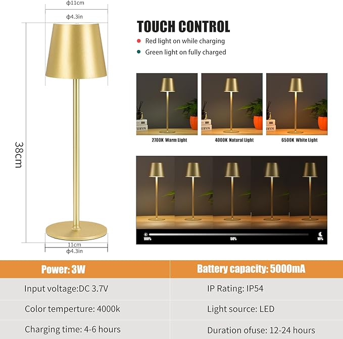 BGFHome Cordless Table Lamp LED Desk lamp,5000mAh Rechargeable Touch Night Light Wireless Minimalist Design for/Restaurant/Bedroom/Bars/Outdoor Party/Camping/Coffee Shop(2 Pack Gold)…