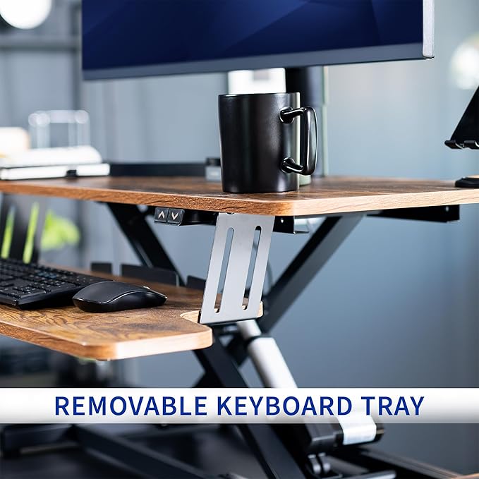 VIVO 36 inch Electric Motor Desk Converter, Height Adjustable Riser, Sit to Stand Dual Monitor and Laptop Workstation with Wide Keyboard Tray, Vintage Brown, DESK-VE36N