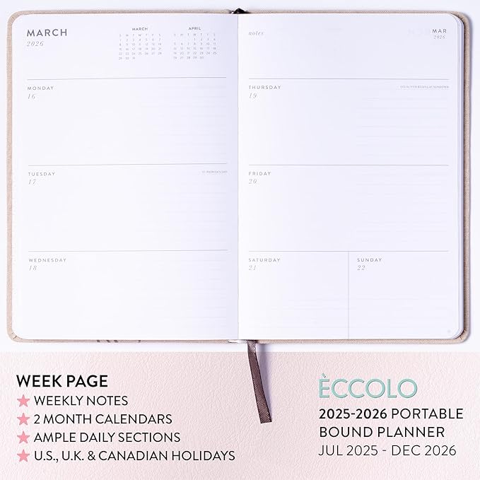 2025-2026 Eccolo 18 Month Linen Bound Planner, Monthly & Weekly Pages (5.25 x 7.75" - July 2025 - Dec 2026)