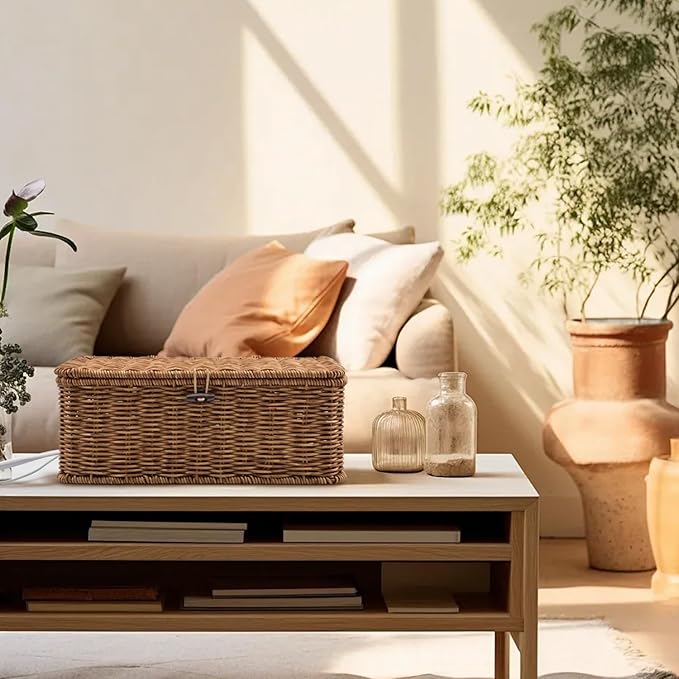 Handmade Cable Management Box – Stylish & Functional Cable Organizer with 2 Open Slots for Home & Office, TV Wires Computer Router USB Hub & Power Strip Rattan Cord Hider Box (Brown)