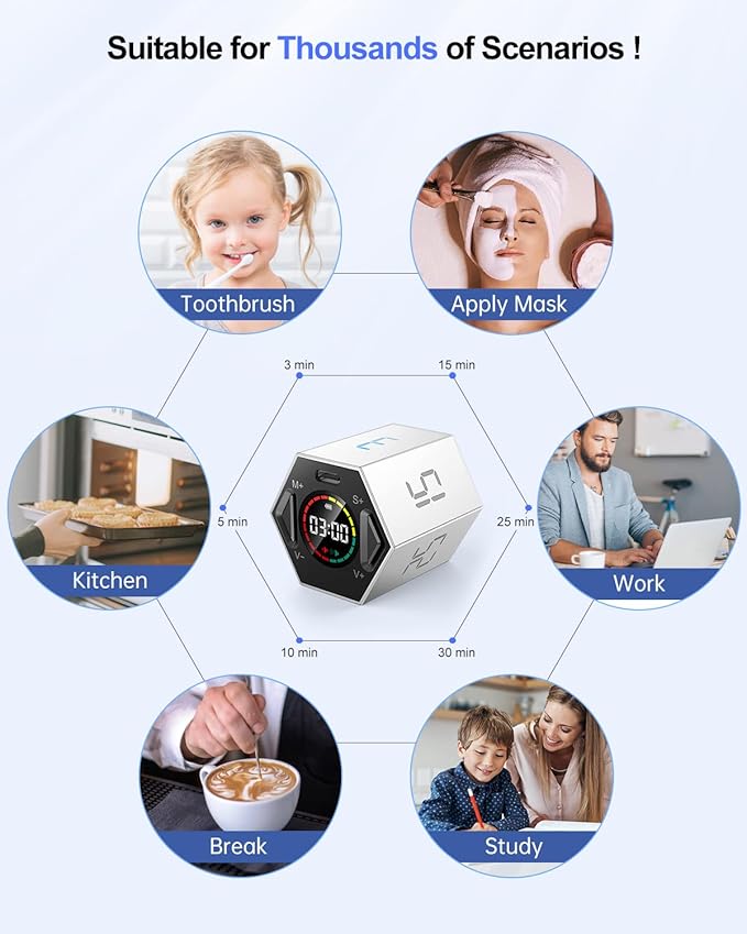 Ticktime Pomodoro Timer Cube, Hexagon Productivity Timer, Pause & Resume, Silent & Adjustable Sound Alert, for ADHD, Task, Work, Study, 3/5/10/15/25/30min & Custom Countdown - Gray