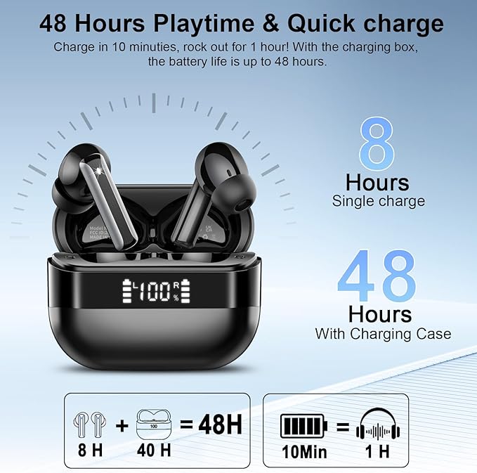 Wireless Earbuds, Bluetooth 5.4 Headphones with HiFi Stereo, in Ear Earphones with 4 ENC Mics, 48H Bluetooth Earbuds with LED Display Charging Case, IP7 Waterproof Ear Buds for Android iOS Black