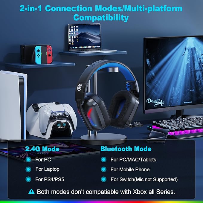 Wireless Gaming Headset with Microphone for PC, PS5, PS4, Bluetooth Gaming Headphones - Fast Charge 50Hr Battery, Cool LED Lights for Switch, Laptop, Mobile, Mac 2.4GHz Gamer Headset