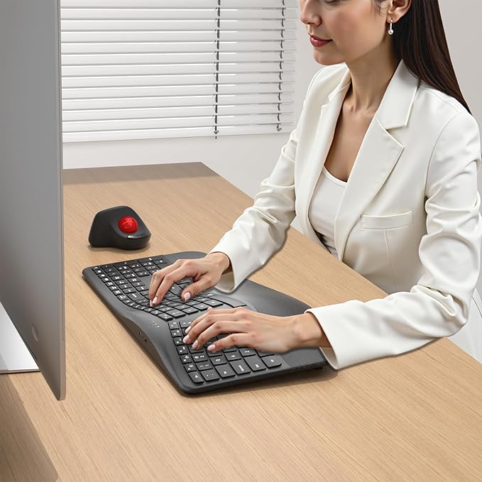 MicroPack Ergonomic Wireless Keyboard with Bluetooth, USB-C Rechargeable & Overload Protection, Wrist Rest, 3-Device Connectivity, Quiet Scissor Switch, Adjustable Tilt for Mac, Windows, PC, Office