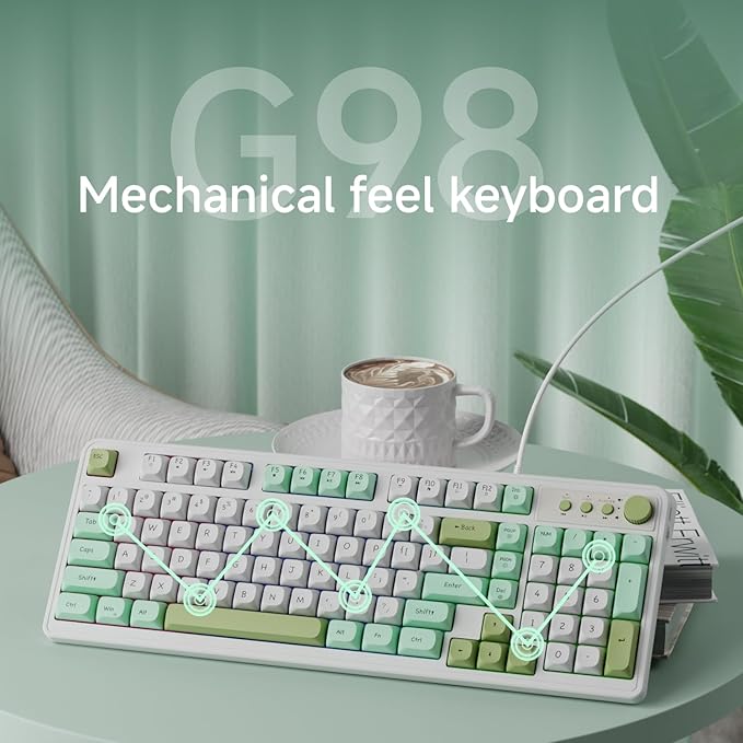 EWEADN G98 RGB Gaming Keyboard Wired, Retro Creamy Membrane Keyboards with Media Knob, Number Pad RGB Backlit, 98 Keys Quite Membrane Computer Keyboard for MAC Xbox PC Gamer- Green