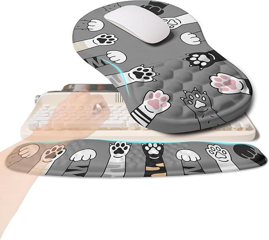 2-in-1 Ergonomic Set, Wave Rise Keyboard Wrist Rest and Massage Bulge Slope Mouse Pad Wrist Support, Cushion Memory Foam Integrated to Relieve Wrist Pain, Cute Cat Paws
