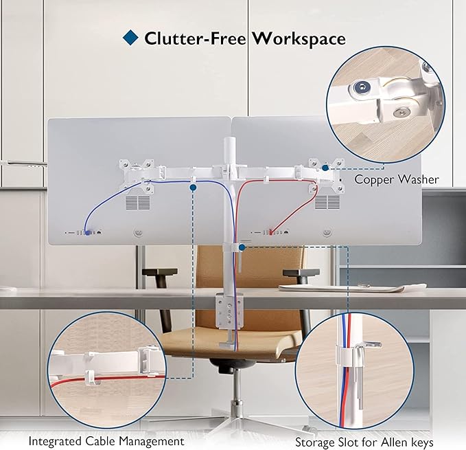 BONTEC Dual Monitor Desk Mount, Full Motion Adjustable White Monitor Stand for 13–27 Inch Screens, Heavy Duty Arms Hold 22 lbs Each, VESA 75x75/100x100, C Clamp and Grommet Base, Cable Management