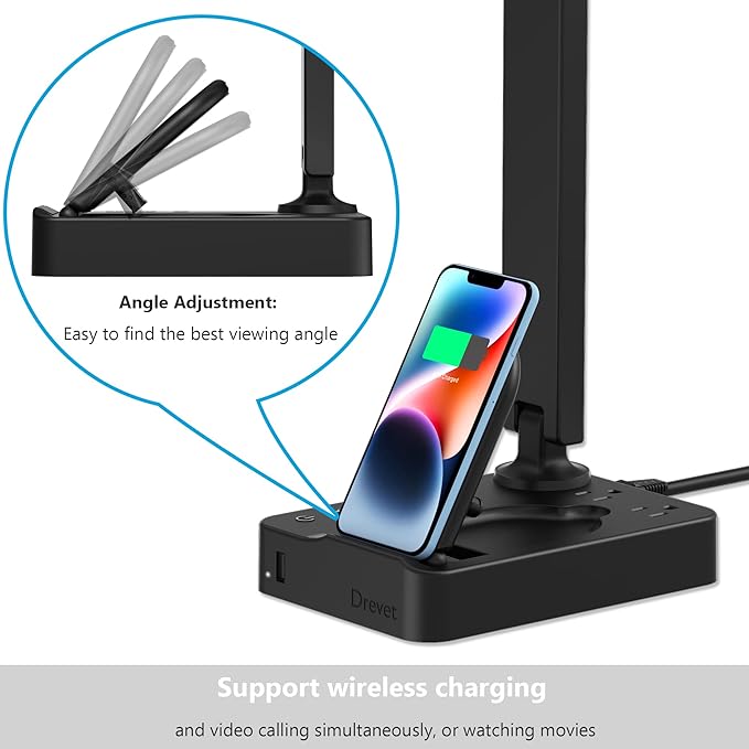 Drevet LED Desk Lamp with Wireless Charger, Desk Table Light with USB Charging Port and 2 Outlets, 3 Lighting Modes, 3 Level Brightness, 1H Timer, Touch Control, Eye-Caring Home Office Foldable Lamp