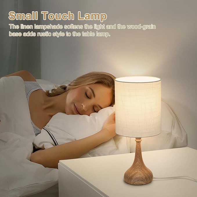 Dimmable Small Table Lamp, Bedside Lamps Touch Control for Bedrooms Nightstand with Wood Grain Base, Desk Lamp Night Light for Office Living Room, 9W 3000K LED Bulb Included