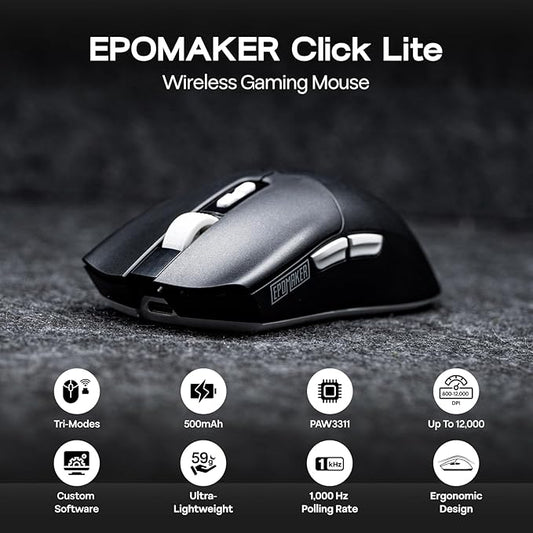 EPOMAKER Click Lite Wireless Gaming Mouse, 800 to 12,000 DPI Adjustable, PAW3311 Sensor, 500mAh, 59g, 2.4G/BT/USB-C Rechargeable Wireless Mouse with 5 Programmable Buttons for PC/Mac/Linux (Black)