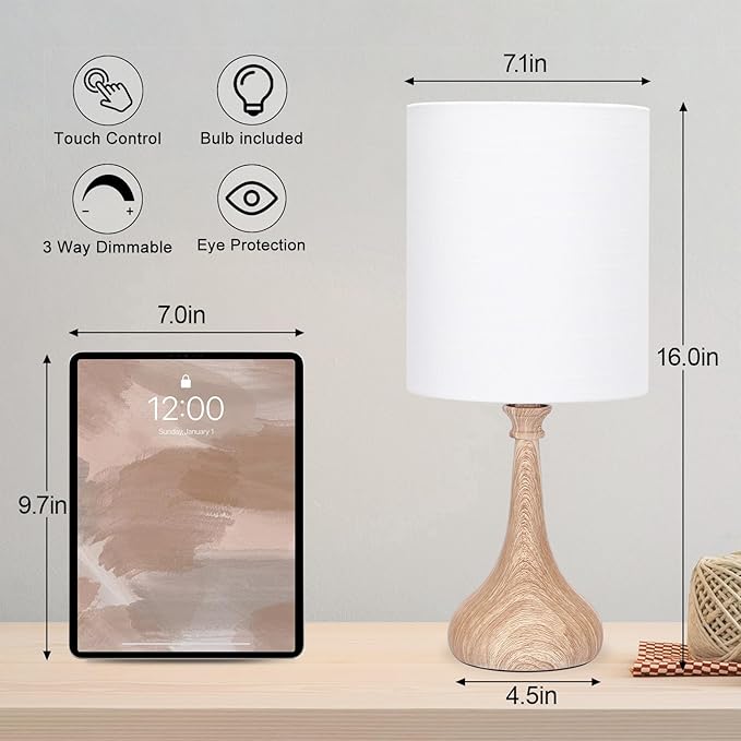 Dimmable Small Table Lamp, Bedside Lamps Touch Control for Bedrooms Nightstand with Wood Grain Base, Desk Lamp Night Light for Office Living Room, 9W 3000K LED Bulb Included