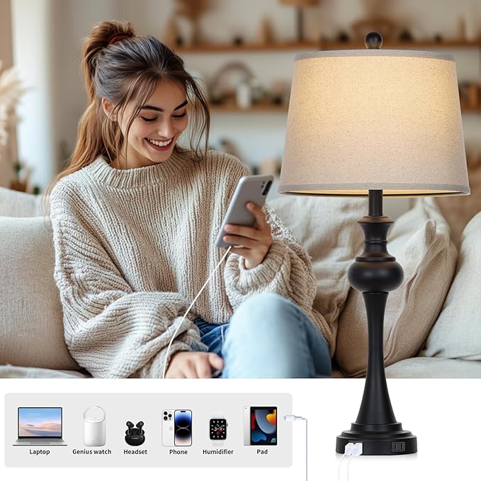 28.75'' Modern Black Metal Table Lamps Living Room Lamp for Nightstand Bedside End Lamp Home Decor Touch Lamp Modern Lamps with USB A+C Ports & Outlets (Bulb Included)
