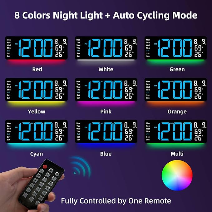 17.5” Digital Wall Clock, LED Display with Time, Date, Month, Temperature & Humidity, Remote Control DST, Alarm, Timer, 10-Level Brightness, Night Light for Home, Living Room, Bedroom & Office Décor