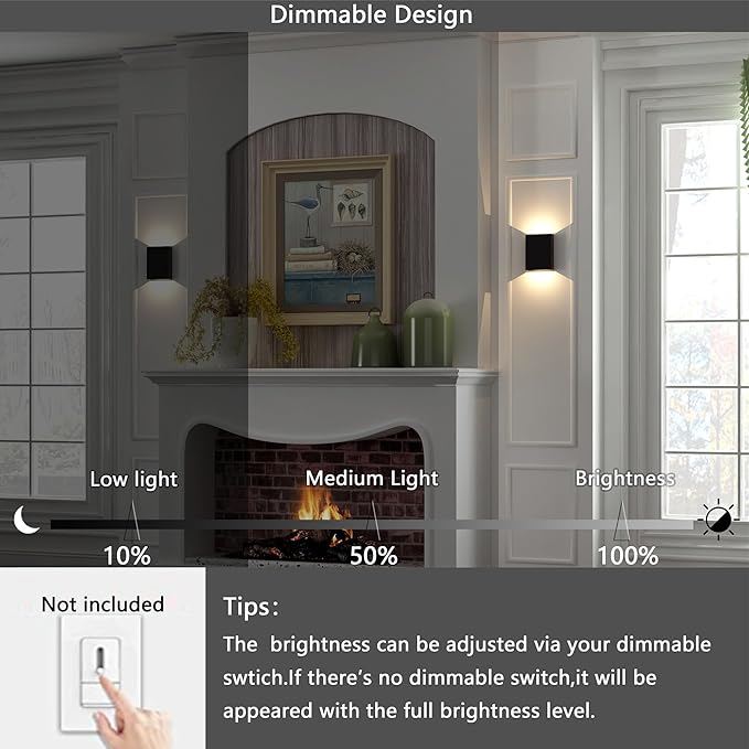 Up and Down Wall Lights for Bedroom LED Wall Lights, 6.3'' Mordern Porch Light, IP65 Waterproof Wall Lamp 10%-100% Dimmable, 120-277V, 15.5W 3000K CRI90+ (Black)