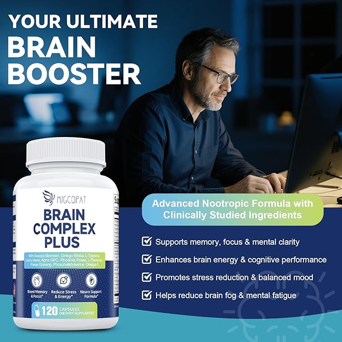 2-Pack Brain Supplements for Memory & Focus | Nootropic with Bacopa, Lion's Mane, Alpha GPC | Mental Clarity & Cognitive Support | Vitamin B6 & B12 – 240 Caps (120/Bottle)
