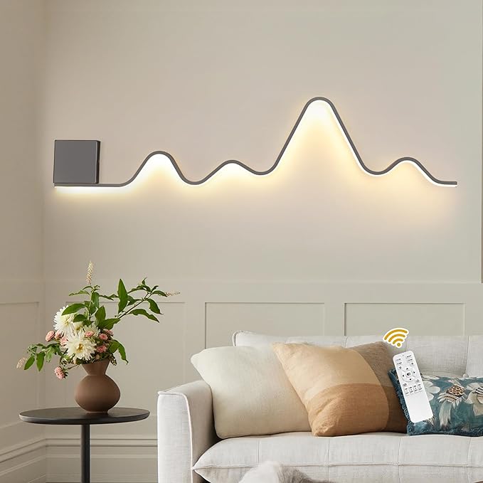 Qcyuui Modern Wall Sconce with Remote Control 43.3inch Dimmable LED Wall Lights Led Wall Sconce Indoor Wavy Long Linear Wall Lamps for Living Room Bedroom Hallway Staircase, 30W