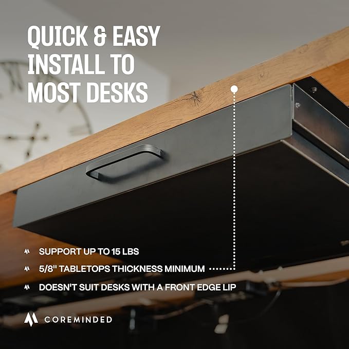 Under Desk Drawer Slide Out Attachment - Carbon Steel Undermount Table Drawer with Cable Management, Pull Out Add-On Storage for Office & Standing Desks (7.5" x 8" x 2.8")