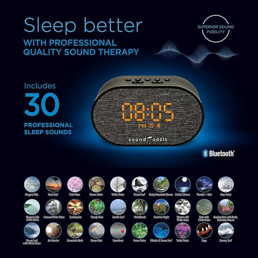 Sound Oasis® Bluetooth® Sleep Sound Therapy System® Alarm Clock - Sleep Better, Manage and Mask Tinnitus, 30 Built-in Sounds, Sleep-Friendly Lighting, Travel Friendly (BST-150)