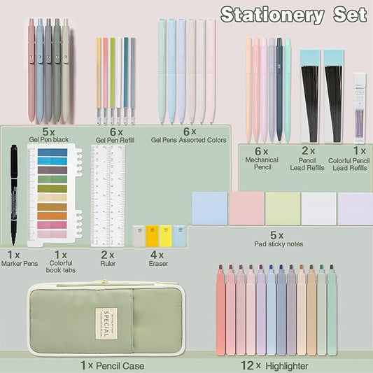 52 PCS Aesthetic School Supplies with Highlighters, Mechanical Pencils, Color Ink Gel pens, Pencil Case, Bible Study Supplies, Pens Pencils and Highlighters Set, Stationary Set for Student