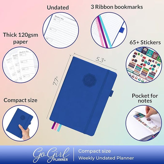 GoGirl Planner and Organizer for Women – Compact Size Weekly Planner, Goals Journal & Agenda to Improve Time Management, Productivity & Live Happier. Undated – Start Anytime, Lasts 1 Year – Royal Blue