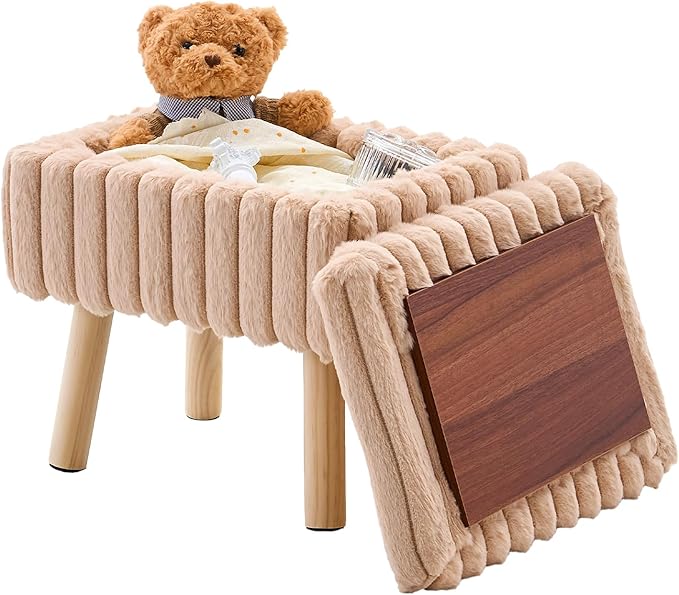 Wimarsbon Storage Ottoman,Soft Faux Fur Footstool with Padded Seat, Small Reading Vanity Chair, Footrest with Wood Tray for Couch, Mini Coffee Table or Display Stand (Beige, Rectangular Storage)