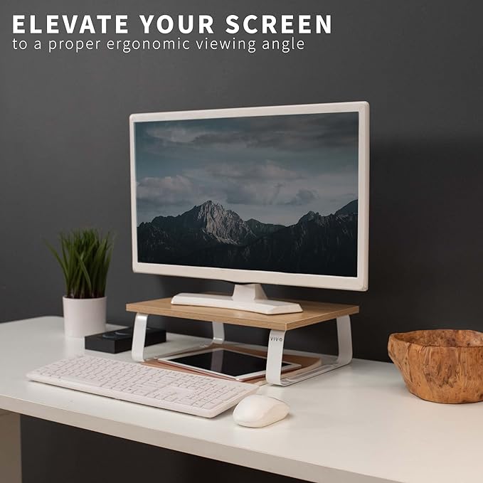 VIVO 15 inch Monitor Stand, Wood and Steel Desktop Riser, Screen, Keyboard, Laptop, Small TV Ergonomic Desk and Tabletop Organizer, Light Wood, STAND-V000WS