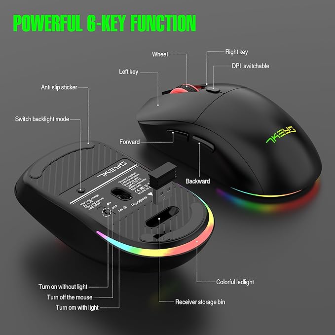 Wireless Keyboard and Mouse Combo, Gaming Keyboard Rechargeable Cool RGB Backlight, 7KEYS Full-Size Keyboard with Ergonomic, Light up Gaming Mouse 3200 DPI for PC Desk/Laptop/MAC