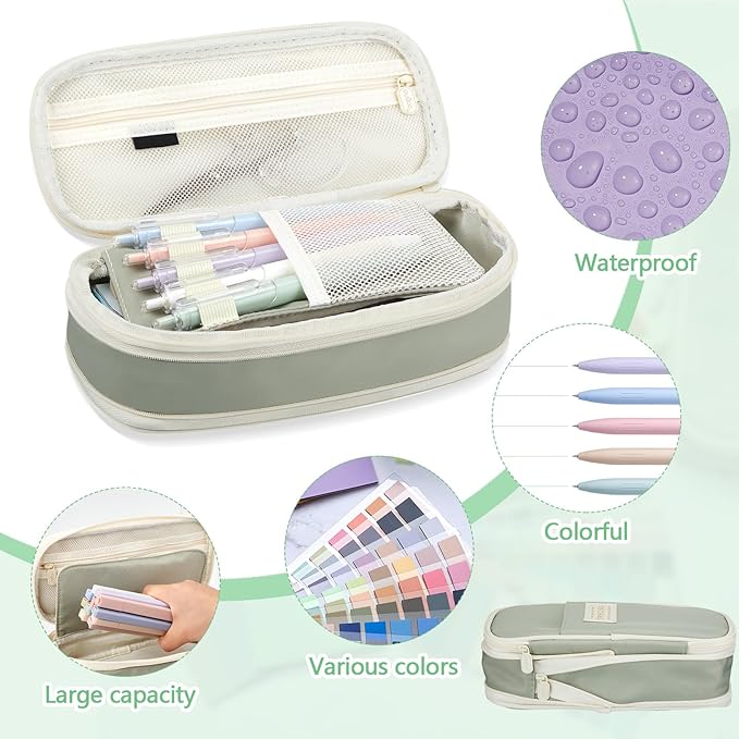 135 Pcs Book Annotation Kit Aesthetic Pencil Case Bag with 12 Highlighter 11 Gel Pen 1 Marker 300 Sheets Transparent Sticky Notes Pads 2640 Index Tabs Bible Study Supplies for School Gift(Light Green)