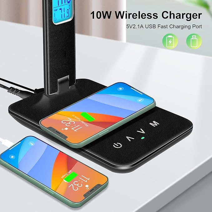 Desk Lamp with Wireless Charger, USB Charging Port, Dimmable Office Desk Light with Clock, Alarm, Date, Temperature, Foldable Lamp for Table Bedroom Bedside Office (Black)
