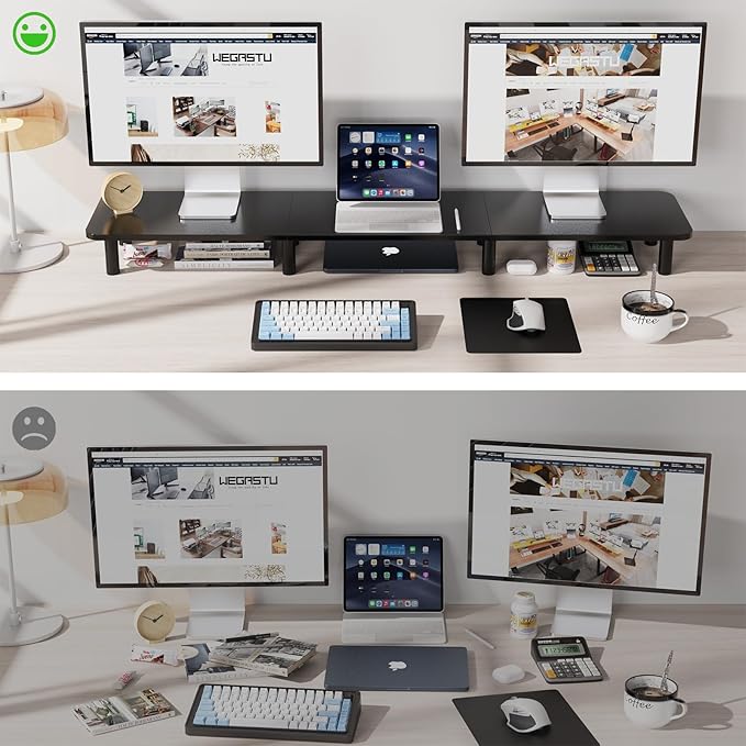 43.7" Extra Long Dual Monitor Stand Riser, Wood & Steel Monitor Stand for 2 Monitors, Wide TV Stand, Desktop Riser for Desk Organization, Home Office,Laptop,Printer,TV (Black)