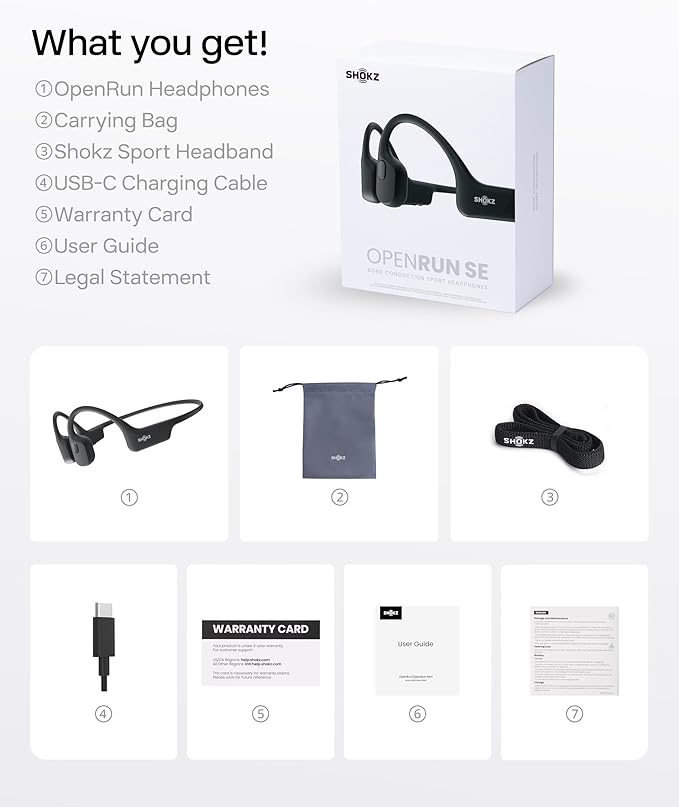 SHOKZ OpenRun with USB-C Charging - Open-Ear Bluetooth Bone Conduction Sport Headphones - Sweat Resistant Wireless Earphones for Workouts and Running - Built-in Mic, with Hair Band - Standard - Black