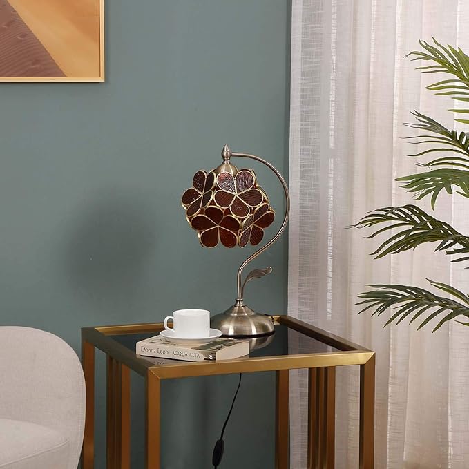 Bieye L10751 Tiffany Style Stained Glass Flower Petal Table Lamp with Brass Base for Home Décor (Amber, 8" Cherry Blossom)